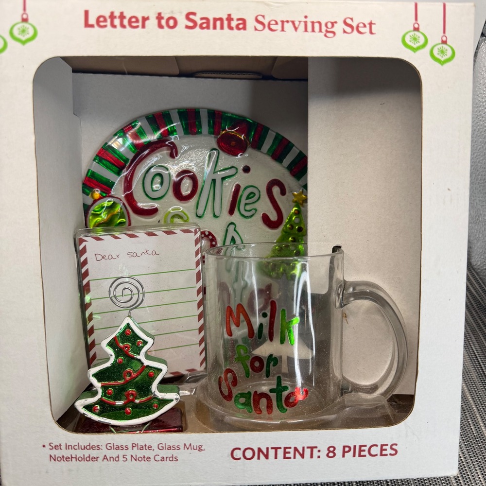 Vintage Letter to Santa Serving Set 8pc Glass Plate Mug Note Holder Cards NEW